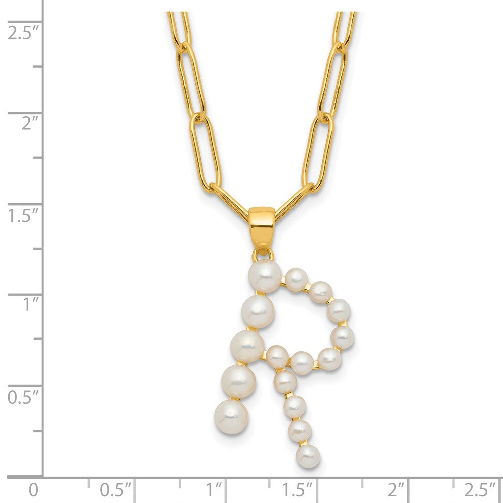 Sterling Silver Gold-plated 3-5.5mm White Button Freshwater Cultured Pearl LETTER R 18 inch Necklace