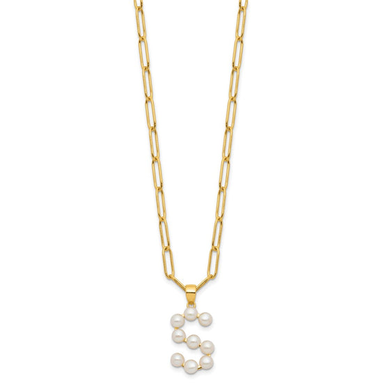 Sterling Silver Gold-plated 3-5.5mm White Button Freshwater Cultured Pearl LETTER S 18 inch Necklace