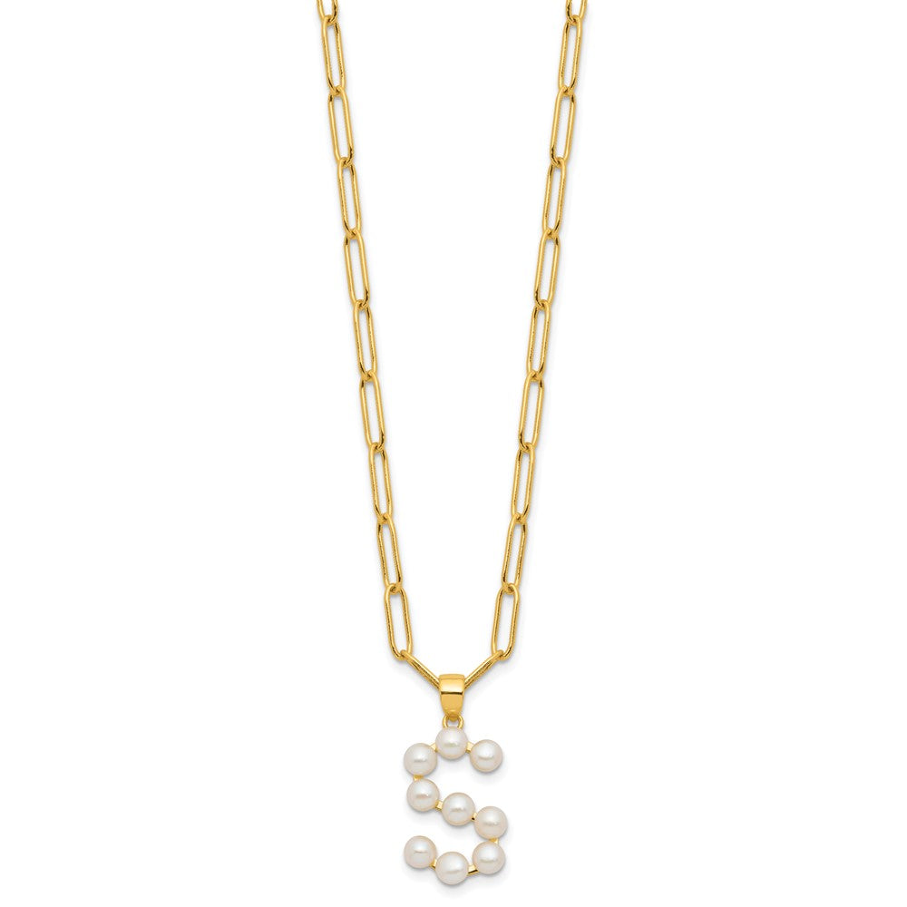 Sterling Silver Gold-plated 3-5.5mm White Button Freshwater Cultured Pearl LETTER S 18 inch Necklace