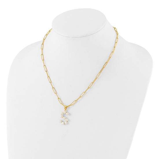 Sterling Silver Gold-plated 3-5.5mm White Button Freshwater Cultured Pearl LETTER S 18 inch Necklace
