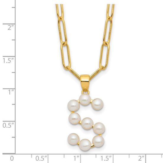 Sterling Silver Gold-plated 3-5.5mm White Button Freshwater Cultured Pearl LETTER S 18 inch Necklace