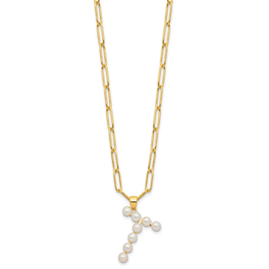 Sterling Silver Gold-plated 3-5.5mm White Button Freshwater Cultured Pearl LETTER T 18 inch Necklace