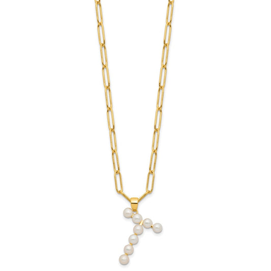 Sterling Silver Gold-plated 3-5.5mm White Button Freshwater Cultured Pearl LETTER T 18 inch Necklace