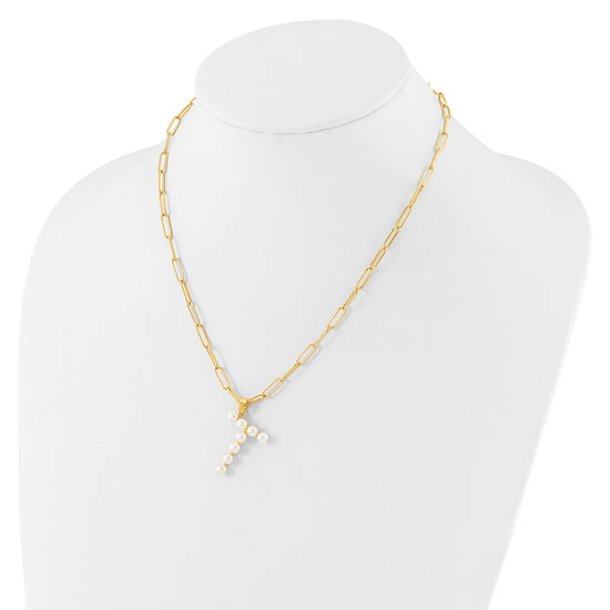 Sterling Silver Gold-plated 3-5.5mm White Button Freshwater Cultured Pearl LETTER T 18 inch Necklace