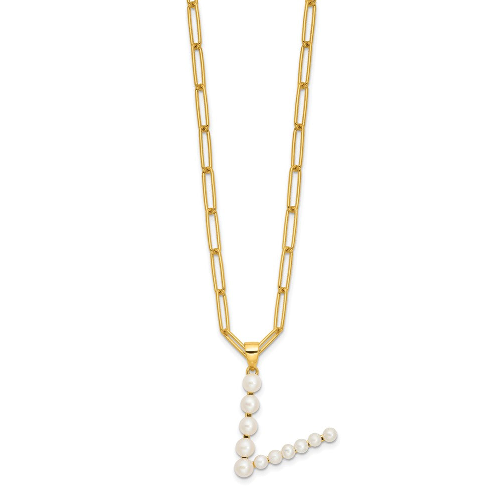 Sterling Silver Gold-plated 3-5.5mm White Button Freshwater Cultured Pearl LETTER V 18 inch Necklace