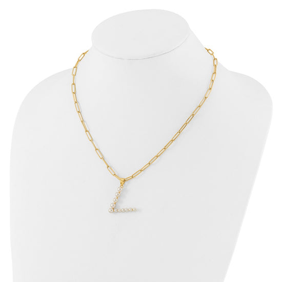 Sterling Silver Gold-plated 3-5.5mm White Button Freshwater Cultured Pearl LETTER V 18 inch Necklace