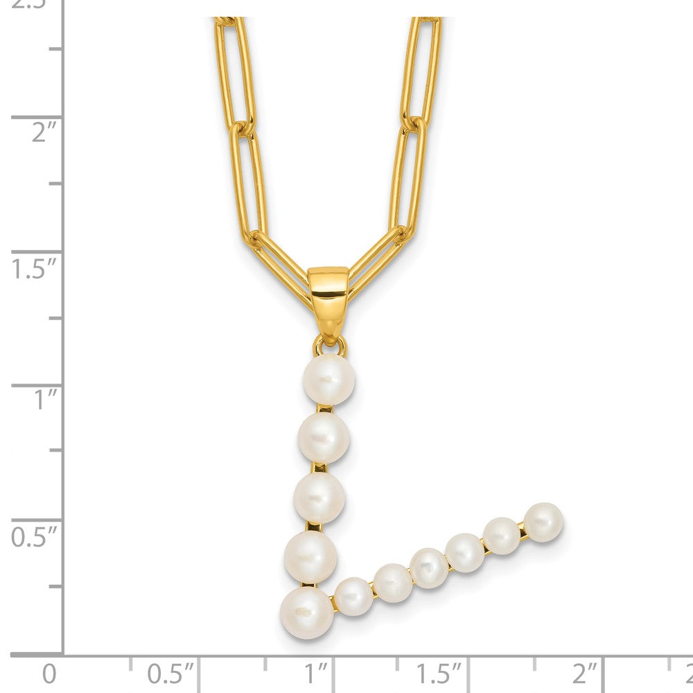 Sterling Silver Gold-plated 3-5.5mm White Button Freshwater Cultured Pearl LETTER V 18 inch Necklace