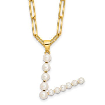 Sterling Silver Gold-plated 3-5.5mm White Button Freshwater Cultured Pearl LETTER V 18 inch Necklace