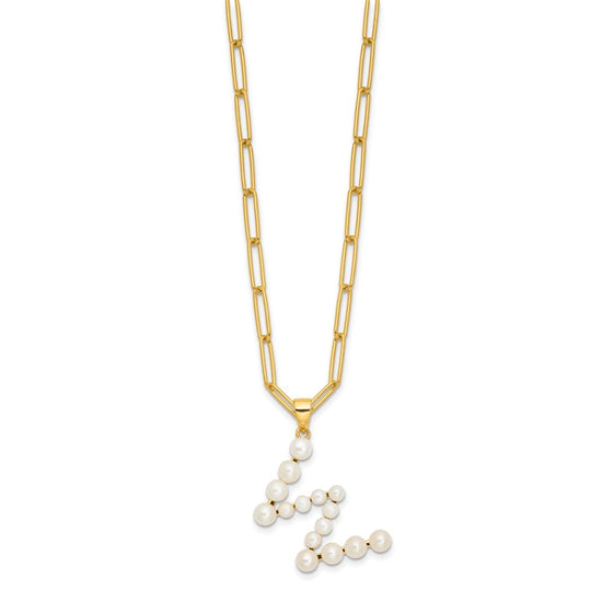 Sterling Silver Gold-plated 3-5.5mm White Button Freshwater Cultured Pearl LETTER W 18 inch Necklace