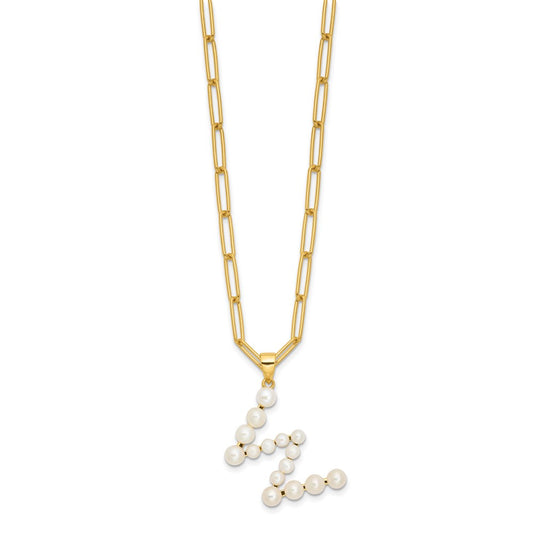 Sterling Silver Gold-plated 3-5.5mm White Button Freshwater Cultured Pearl LETTER W 18 inch Necklace