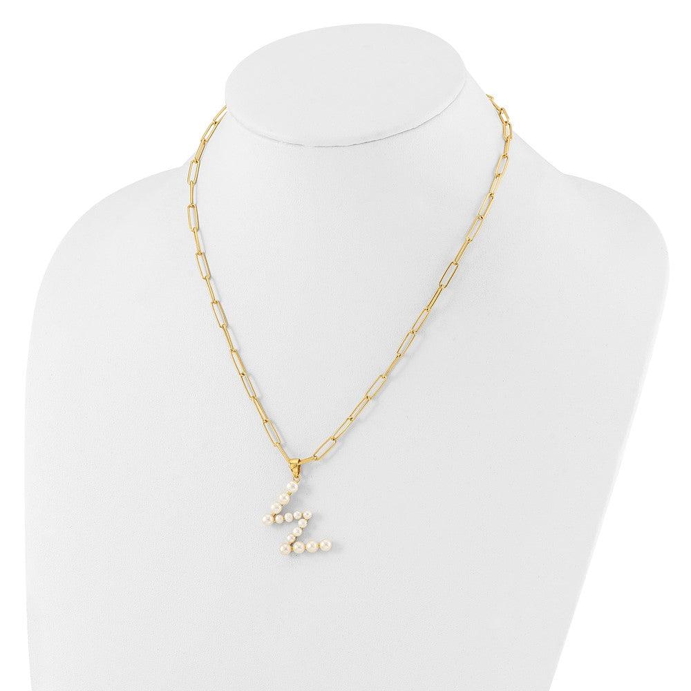 Sterling Silver Gold-plated 3-5.5mm White Button Freshwater Cultured Pearl LETTER W 18 inch Necklace