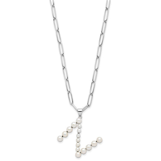 Sterling Silver Rhodium-plated 3-5.5mm White Button Freshwater Cultured Pearl LETTER N 18 inch Necklace