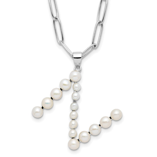 Sterling Silver Rhodium-plated 3-5.5mm White Button Freshwater Cultured Pearl LETTER N 18 inch Necklace