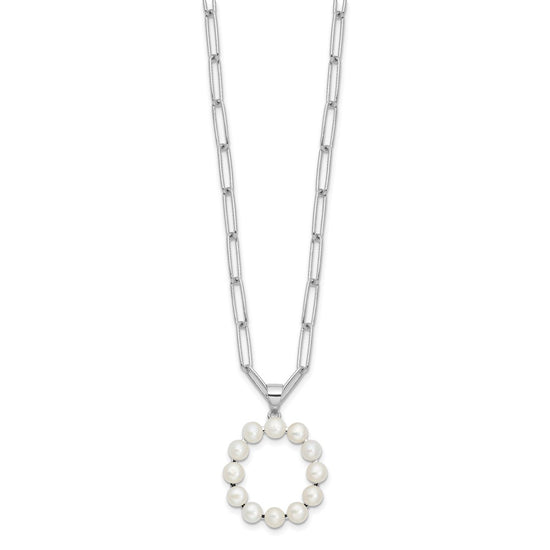Sterling Silver Rhodium-plated 3-5.5mm White Button Freshwater Cultured Pearl LETTER O 18 inch Necklace
