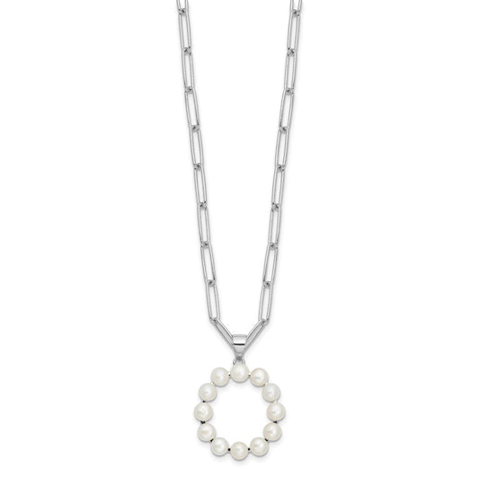 Sterling Silver Rhodium-plated 3-5.5mm White Button Freshwater Cultured Pearl LETTER O 18 inch Necklace