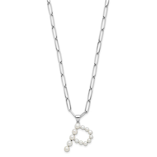 Sterling Silver Rhodium-plated 3-5.5mm White Button Freshwater Cultured Pearl LETTER P 18 inch Necklace