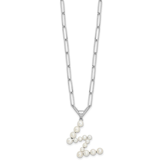 Sterling Silver Rhodium-plated 3-5.5mm White Button Freshwater Cultured Pearl LETTER W 18 inch Necklace