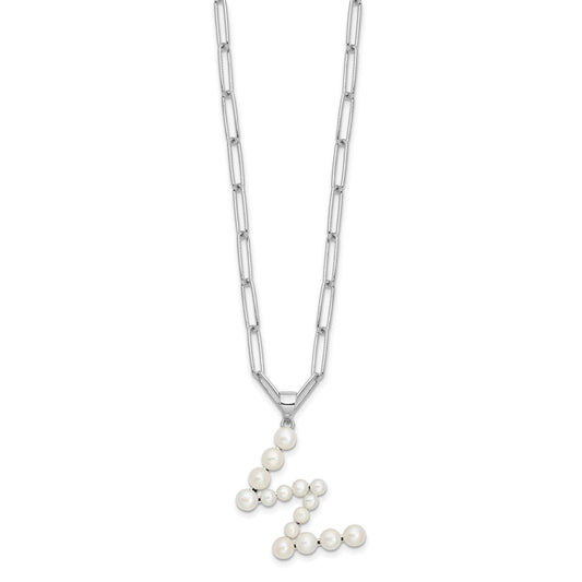 Sterling Silver Rhodium-plated 3-5.5mm White Button Freshwater Cultured Pearl LETTER W 18 inch Necklace