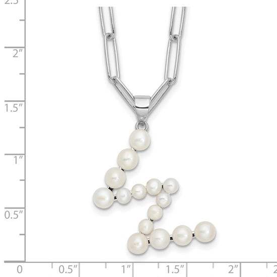 Sterling Silver Rhodium-plated 3-5.5mm White Button Freshwater Cultured Pearl LETTER W 18 inch Necklace