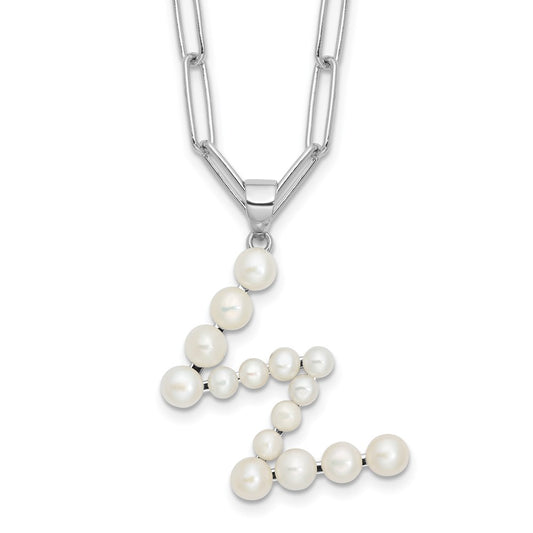 Sterling Silver Rhodium-plated 3-5.5mm White Button Freshwater Cultured Pearl LETTER W 18 inch Necklace