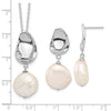 Sterling Silver Rhodium-plated 13-14mm White Coin Freshwater Cultured Pearl 17 inch Necklace and Post Dangle Earrings Set