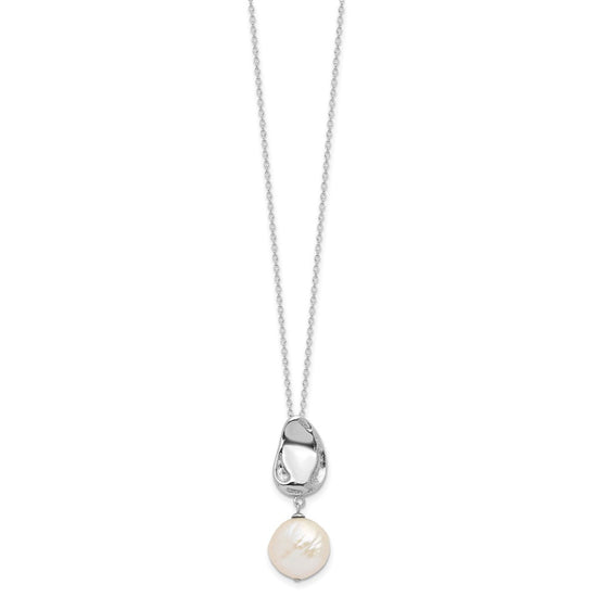 Sterling Silver Rhodium-plated 13-14mm White Coin Freshwater Cultured Pearl 17 inch Necklace and Post Dangle Earrings Set