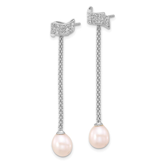 Sterling Silver Rhodium-plated 8-10mm White Teardrop Freshwater Cultured Pearl and CZ 18 inch with 2 inch Extension Necklace and Post Dangle Earrings Set