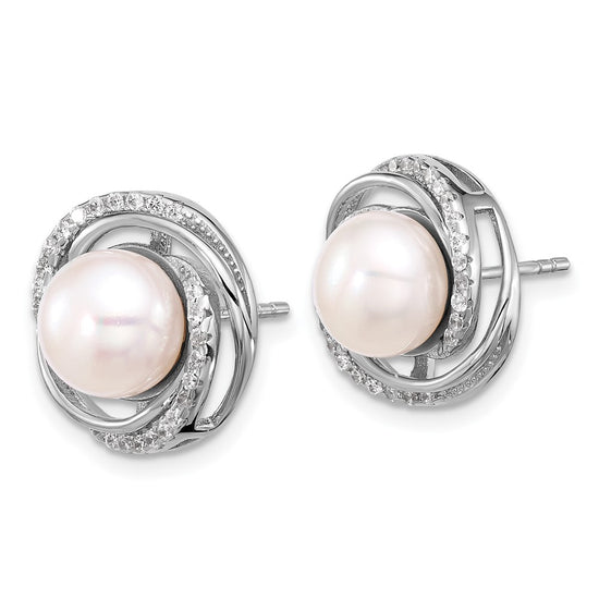 Sterling Silver Rhodium-plated 8-10mm White Button Freshwater Cultured Pearl and CZ 17 inch Necklace and Post Earrings Set