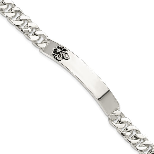 Sterling Silver Antiqued Horizontal Fleur-de-lis 57x9mm Plate 8.5 inch Mens ID Bracelet