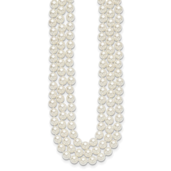 Majestik Sterling Silver Rhodium-plated 3 Row 10-11mm White Imitation Shell Pearl Hand-knotted Necklace