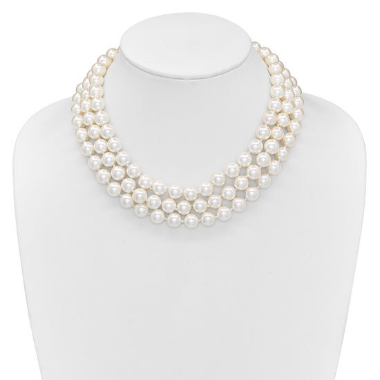 Majestik Sterling Silver Rhodium-plated 3 Row 10-11mm White Imitation Shell Pearl Hand-knotted Necklace