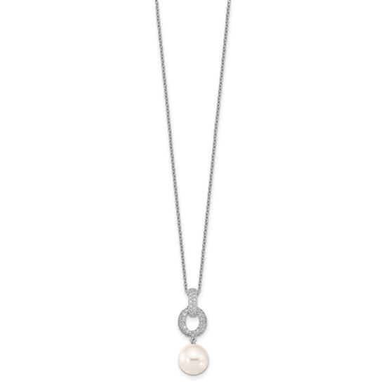 Majestik Sterling Silver Rhodium-plated 10-11mm White Imitation Shell Pearl and CZ Earrings and Spring Ring Clasp 17 inch Necklace Set