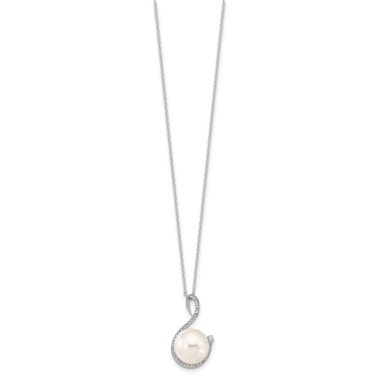 Majestik Sterling Silver Rhodium-plated 10-12mm White Imitation Shell Pearl and CZ Earrings and Spring Ring Clasp 17 inch Necklace Set