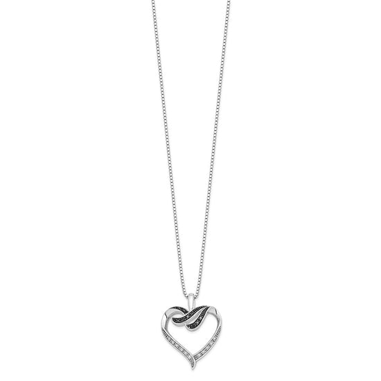 White Night Sterling Silver Rhodium-plated Black and White Diamond Heart 18 Inch Necklace with 2 Inch Extender