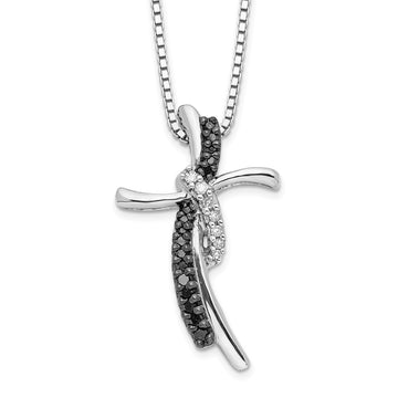 White Night Sterling Silver Rhodium-plated Black and White Diamond Cross 18 Inch Necklace with 2 Inch Extender