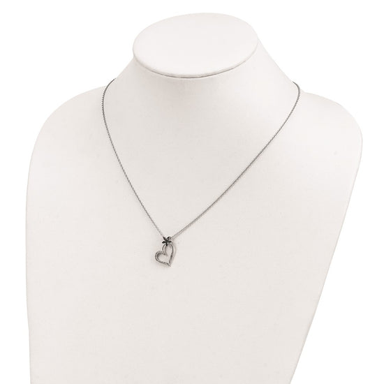 White Night Sterling Silver Rhodium-plated Black and White Diamond Heart with Flower 18 Inch Necklace with 2 Inch Extender