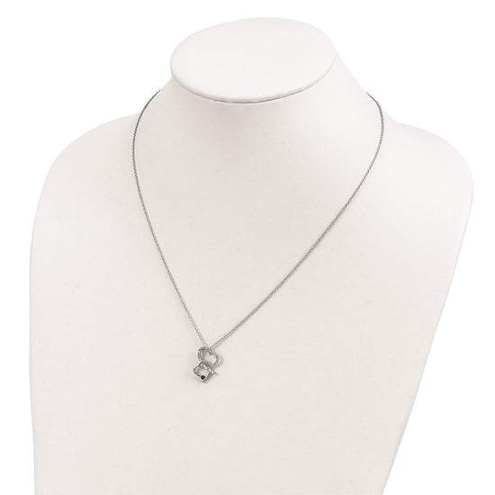 White Night Sterling Silver Rhodium-plated Black and White Diamond Double Heart 18 Inch Necklace with 2 Inch Extender