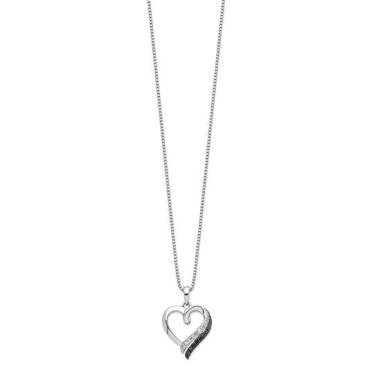White Night Sterling Silver Rhodium-plated Black and White Diamond Heart Necklace with 2 Inch Extender