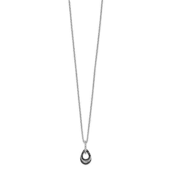 White Night Sterling Silver Rhodium-plated Black and White Diamond Teardrop Pendant 18 Inch Necklace with 2 Inch Extender