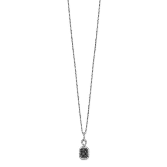 White Night Sterling Silver Rhodium-plated Black and White Diamond Rectangle Pendant 18 Inch Necklace with 2 Inch Extender