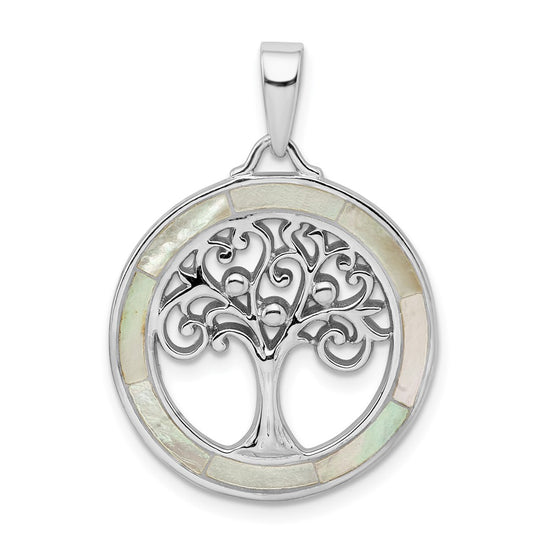 Sterling Silver Rhodium-plated White MOP Tree of Life Pendant