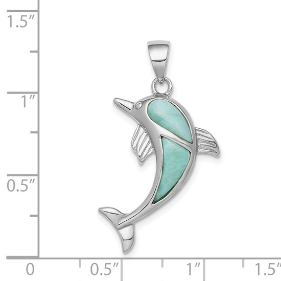 Sterling Silver Rhodium-plated Polished Larimar Dolphin Pendant