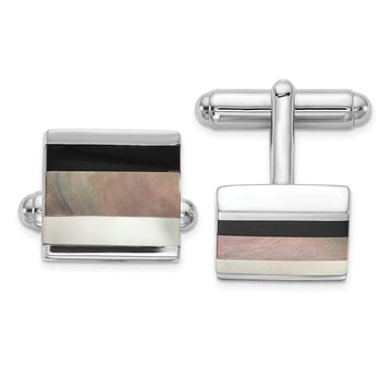 Sterling Silver Rhodium-plated Onyx and White/Grey MOP Cuff Links