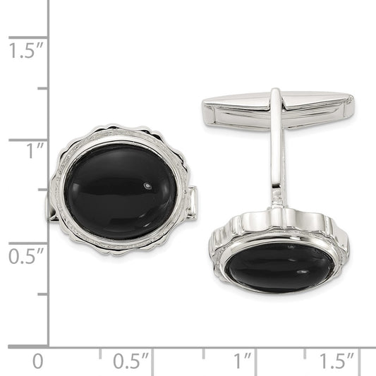 Sterling Silver Polished Round with Textured Sides Onyx Cuff Links