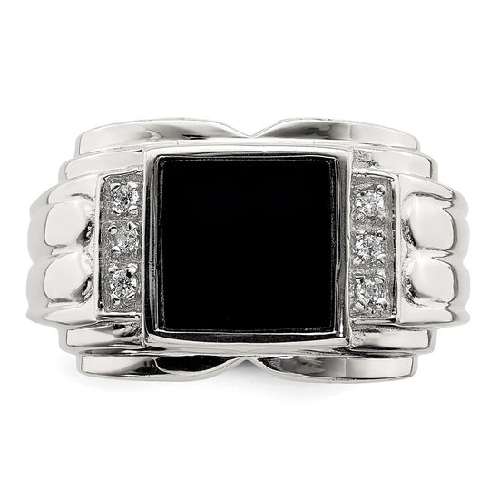 Sterling Silver Rhodium-plated CZ and Onyx Ring