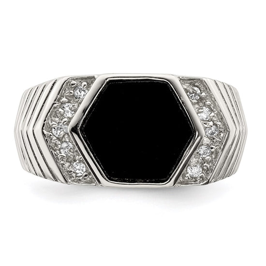 Sterling Silver Rhodium-plated Men's CZ and Onyx Ring