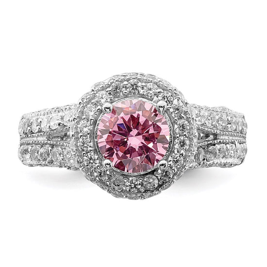 Sterling Silver Rhodium plated 10mm Clear CZ and Pink Heart CZ Ring