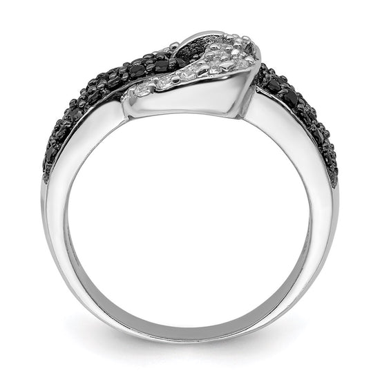 Sterling Silver Rhodium Black and Clear CZ Buckle Ring