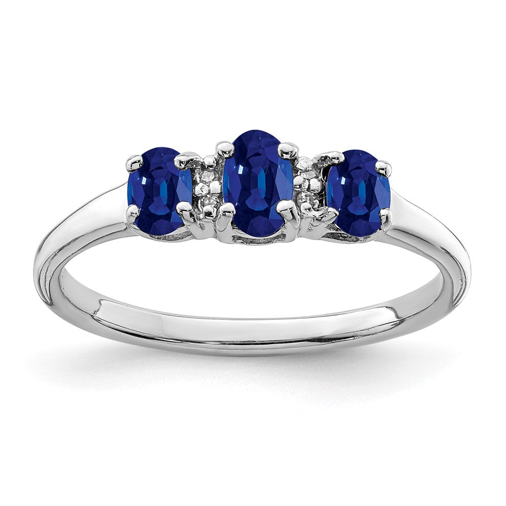 Sterling Silver Rhodium 3 Oval Gemstone and Diamond Ring