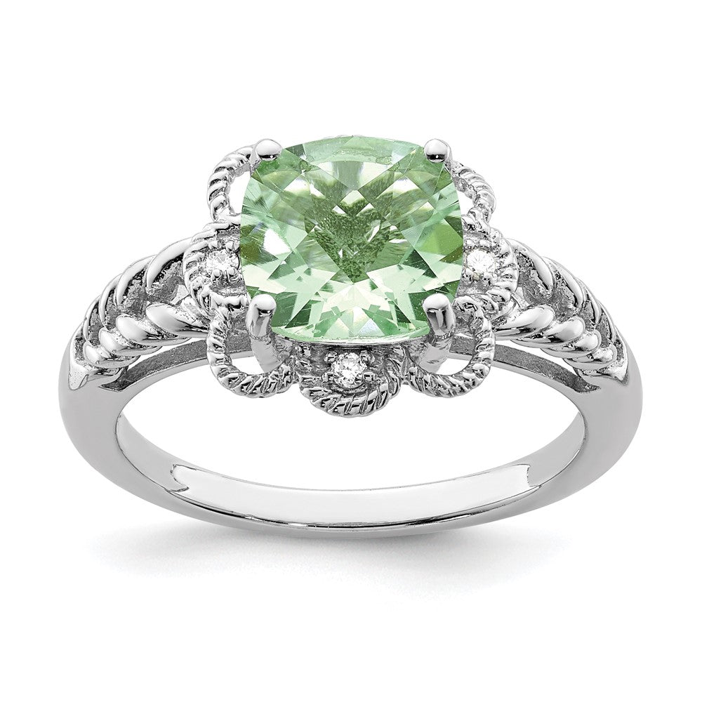 Sterling Silver Rhodium-plated Checker-Cut Gemstone and Diamond Ring